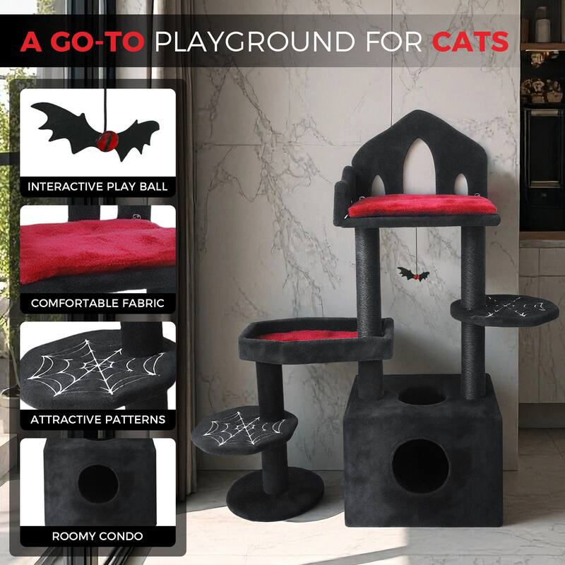 44.5 in Gothic Cat Tree, Multi-Level Spooky Cat Tree with Scratching Posts, Perches, Hammock, and Cat Cave for Indoor Cats