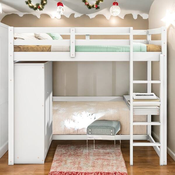 slide 2 of 34, Artsy Wood Full Size Loft Bed with Built-in Wardrobe, Desk, Storage Shelves, Safety Guaranteed and Drawers, Large Space, White White