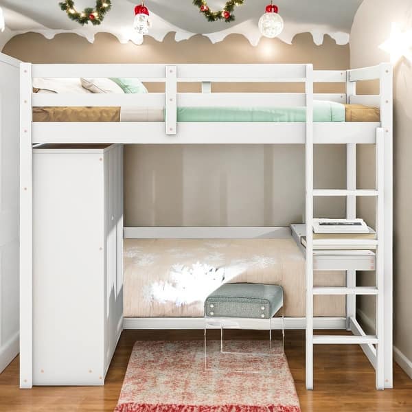 slide 2 of 34, Wood Full Size Loft Bed with Wardrobe, Desk, Shelves and Drawers, White White