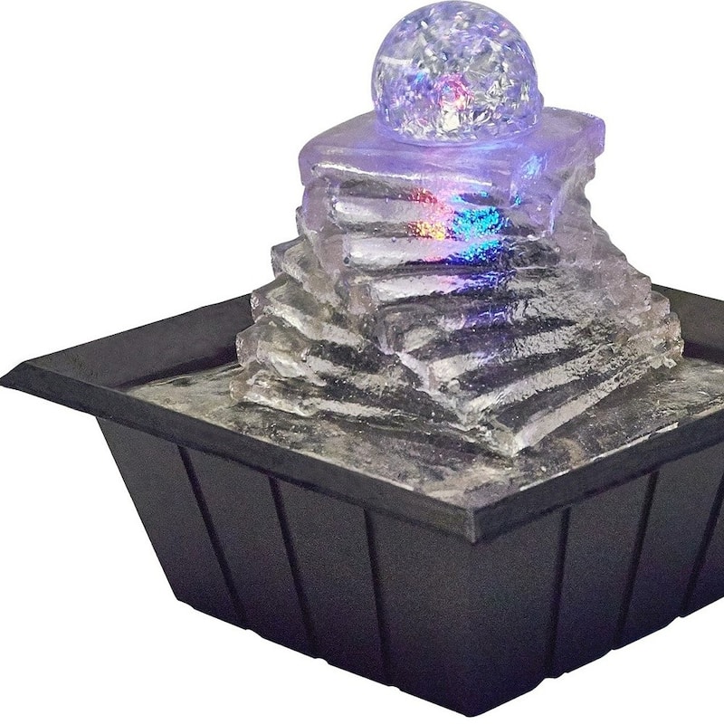 8" Clear Polyresin Ice Design Tabletop Fountain With LED - 7.75 x 7.75 x 7.75