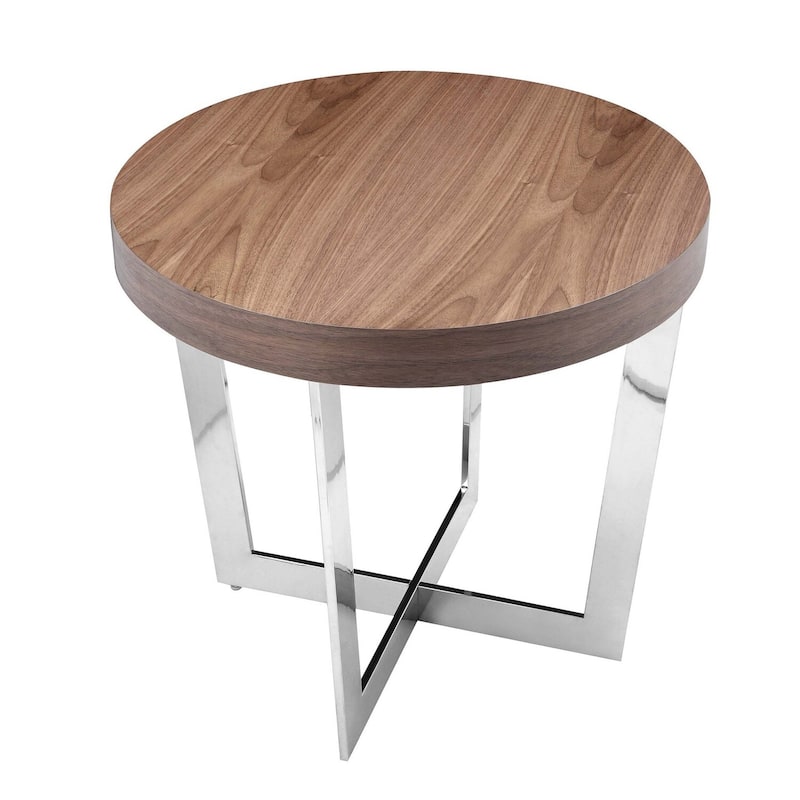 24 in. Walnut and Chrome Round Wood End Table, Sturdy Build End Side Table for Living Rooms
