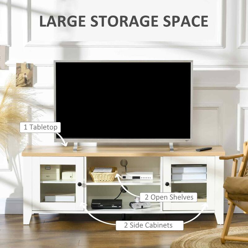 55 Farmhouse Wood TV Console with Open Shelves, Cabinets, and Cable Management for TVs up to 60 Inches.
