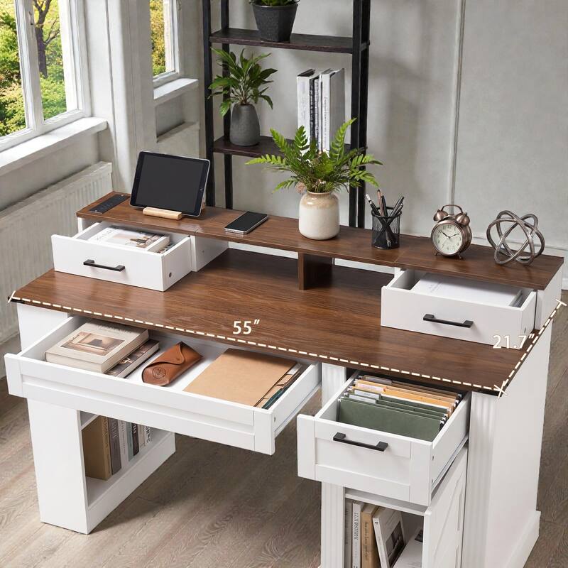 55 Inch Farmhouse Office Desk with Storage Cabinet and Charging Station, Barn Door Computer Desk with Monitor Stand