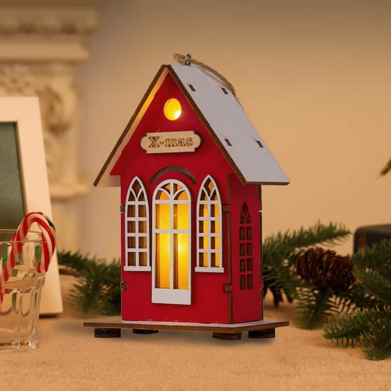 Christmas Village Holiday Lighted Wood House Decor - Battery Operated, Red/Green - 5.11'' H X 3.14'' W X 1.96'' D