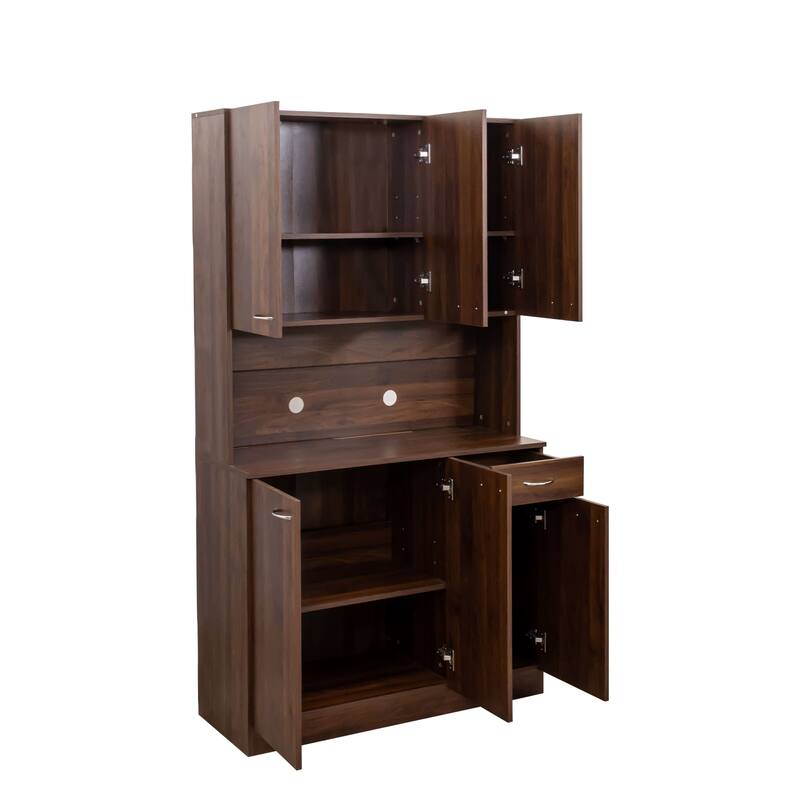 Anmytek 70.87" Tall Wardrobe and Kitchen Cabinet, with 6-Doors, 1-Open Shelves and 1-Drawer for bedroom,Walnut