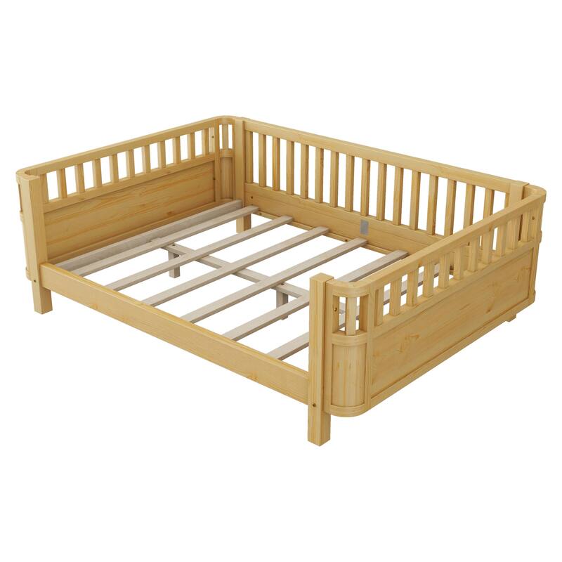 Modern Wood Platform Bed with Safety Rails for Kids