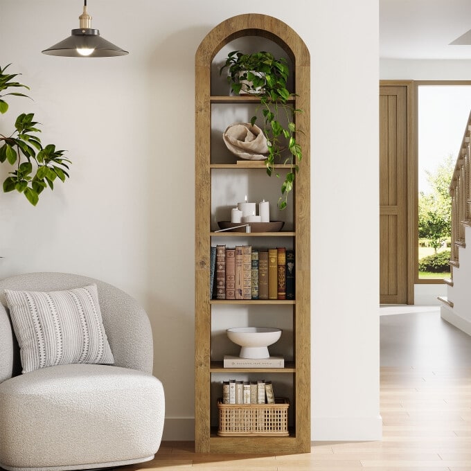 6-Tier Wooden Tall Bookshelf, 74.8 Inches Rustic Arched Bookcase