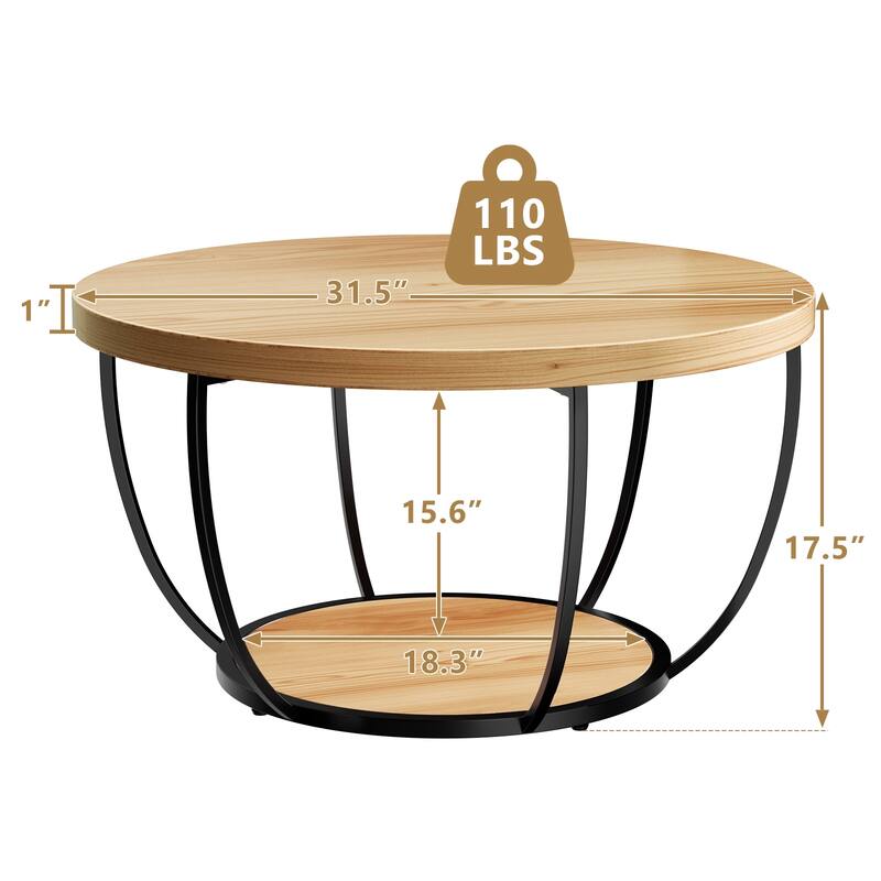 31.5 Inch Round Coffee Table 2 Tier Wood with Storage Modern for Living Room Kitchen