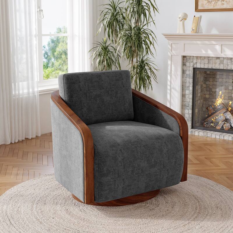 Upholstered Swivel Barrel Chair with Curved Wood Arms - DARK GREY