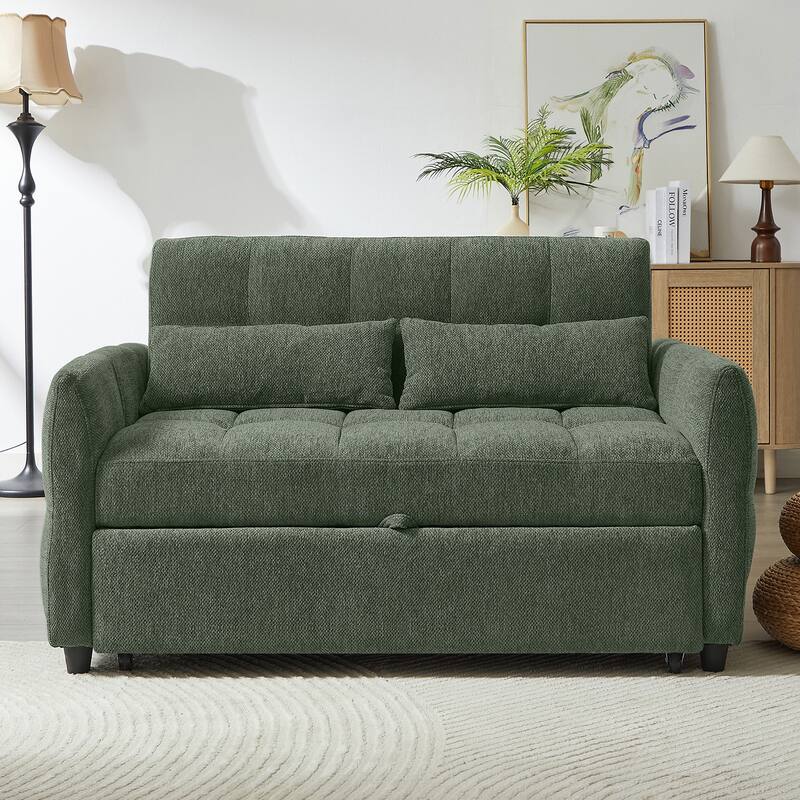 Anmytek Green 52.8 Inch Tufted Loveseat Pull-out Sofa Bed with Adjustable Backrest 3 USB Ports 2 Lumbar Pillows