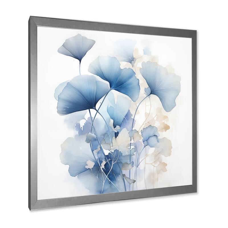 Designart "Delicate Blue Ginko Leaves On White Watercolor" Leaves Framed Wall Art Living Room