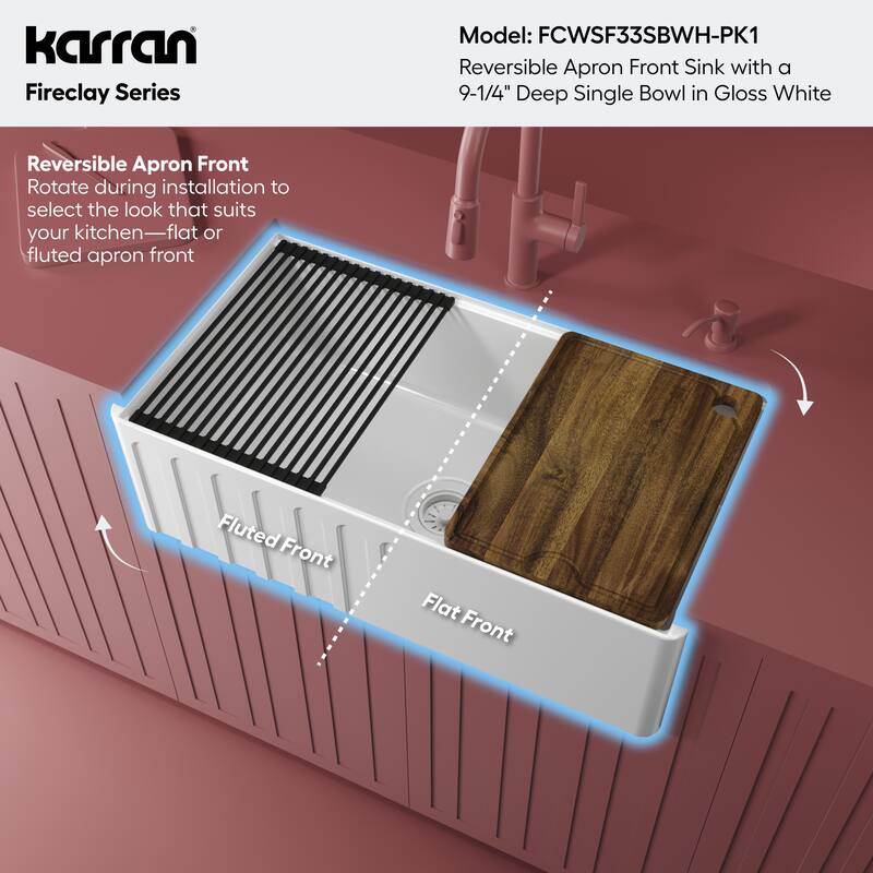 Karran 33" Single Bowl Workstation Fireclay Kitchen Sink with Reversible Fluted Apron Front