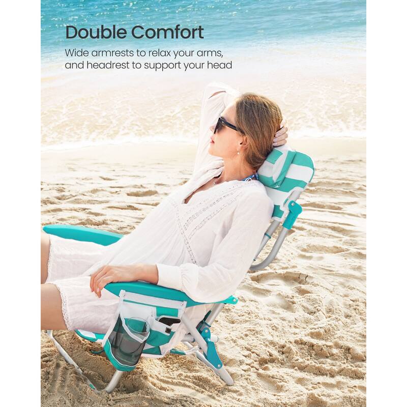 Folding Beach Chair with 4-Position Adjustable Backrest and Portable Low Seat Mesh Storage Pockets - 26.8"D x 24.8"W x 29.5"H