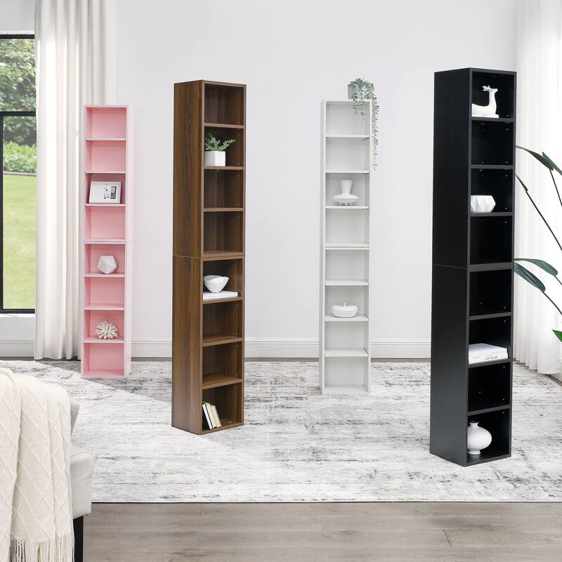 Roomfitters 8-Tier Tall Narrow Bookcase with Adjustable Shelves, Slim Storage Tower for Books, CDs, DVDs, and Décor