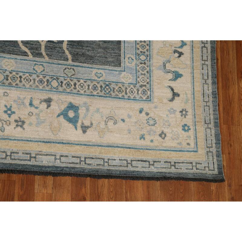 Hand Knotted Oriental 100% Wool Carpet Traditional Floral Greys & Charcoal Art Deco Area Rug - 14' 0'' X 9' 10''