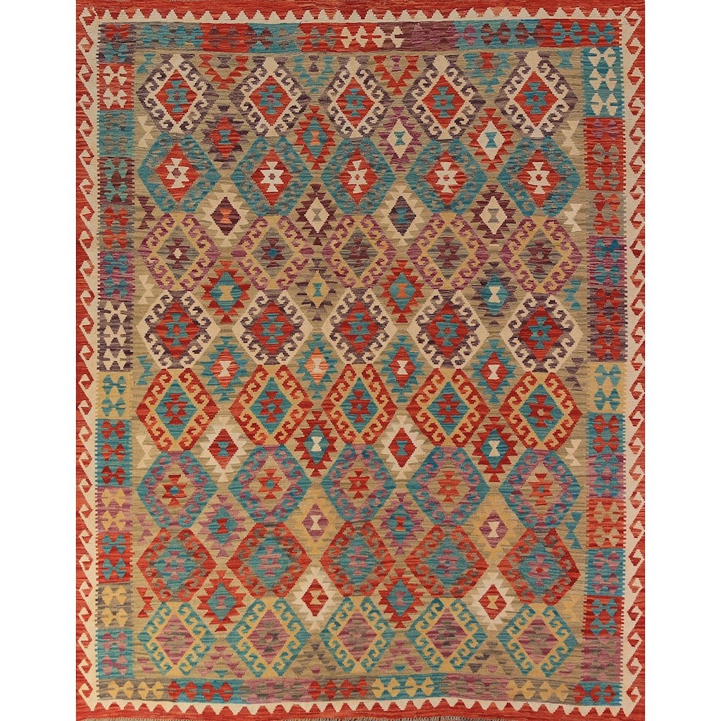 Geometric Kilim Oriental Area Rug Flatweave Multi-Color Wool Carpet - 8'5"x 9'6"