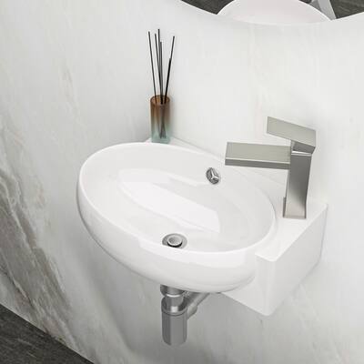 16x11 Inch Wall-Mounted Bathroom Sink, White Ceramic Rectangle Basin with Single Faucet Hole