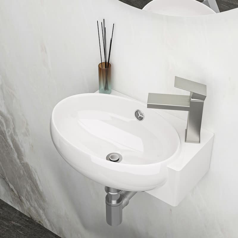 Modern 16-Inch White Ceramic Floating Bathroom Sink, Wall Mount with Single Faucet Hole - 16.5in L Ceramic - 16.5in L White+right