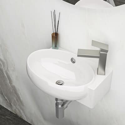 Modern 16-Inch White Ceramic Floating Bathroom Sink, Wall Mount with Single Faucet Hole