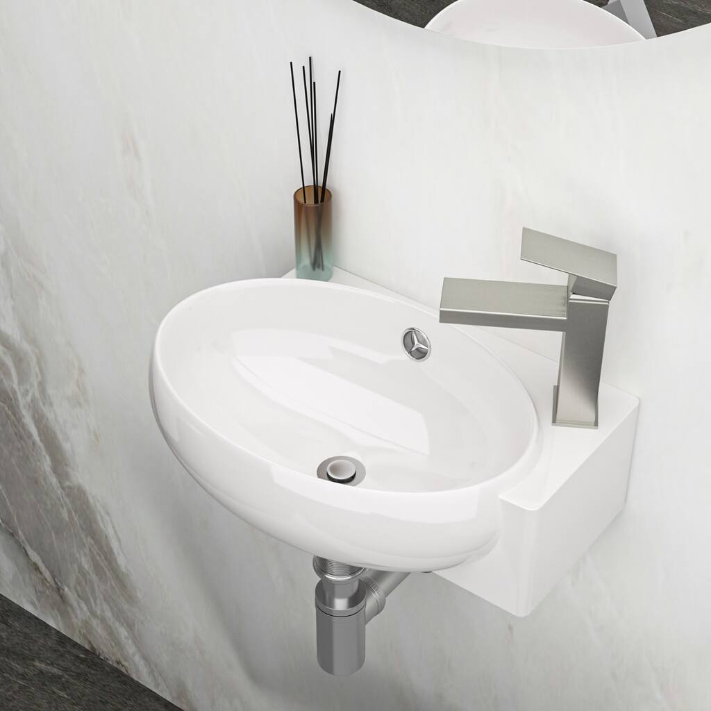 Modern 16-Inch White Ceramic Floating Bathroom Sink, Wall Mount with Single Faucet Hole