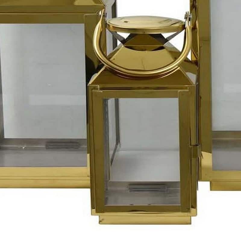 Davi Set of 3 Decorative Lanterns, Curved Handles, Glass Panel, Brass Metal