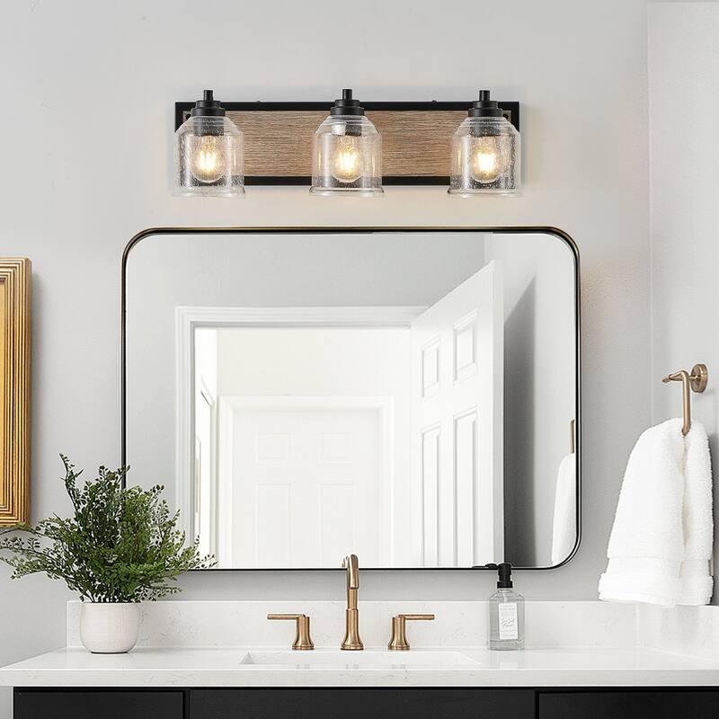 23" Farmhouse Vanity Light Fixture, 3-Light Bathroom Wall Sconce with Clear Seeded Glass Shades, Black and Wood Grain Finish