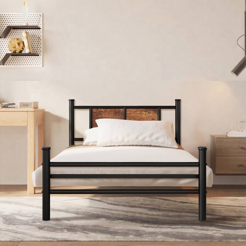 Twin Size Metal Platform Bed with Wood Headboard and Footboard, 800lb Capacity - Black
