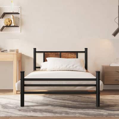 Twin Size Metal Platform Bed with Wood Headboard and Footboard, 800lb Capacity