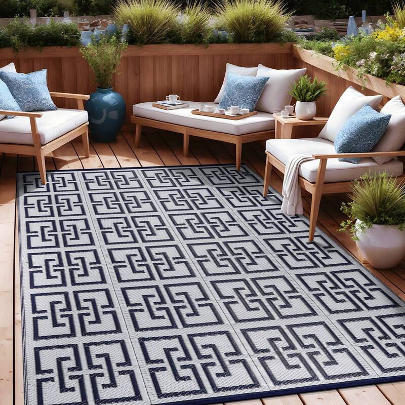 Beverly Rug Geometric Greek Key Outdoor Rug Waterproof for Patio, RV Camping
