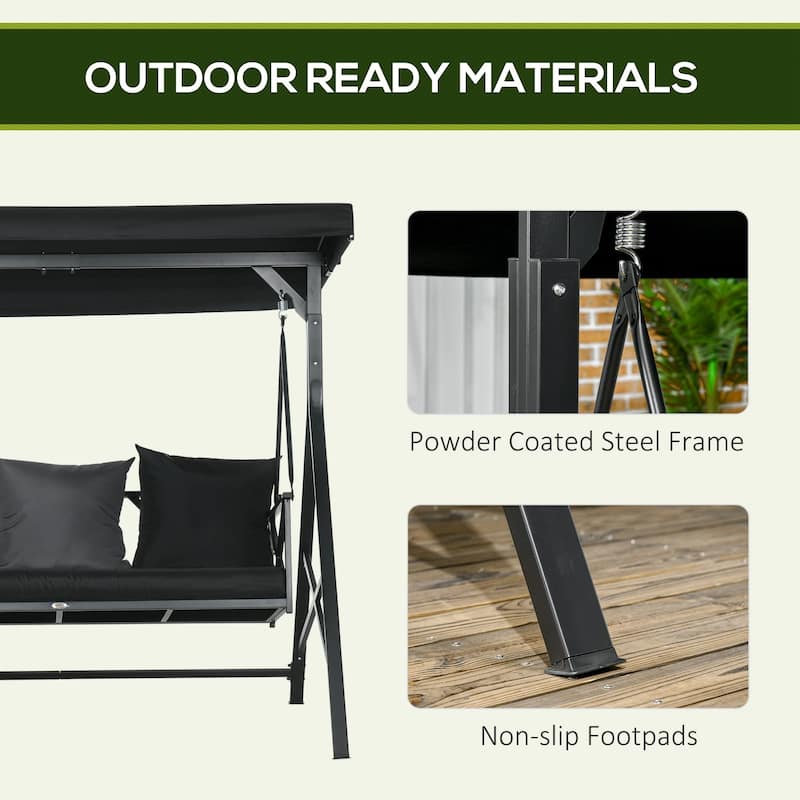 3-Seat Patio Swing Chair, Porch Swing Glider with Cushion, 3 Throw Pillows & Adjustable Canopy for Porch, Garden, Backyard