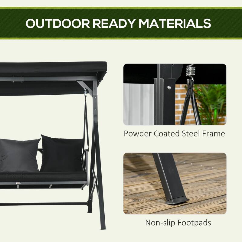 3-Seat Patio Swing Chair, Porch Swing Glider with Cushion, 3 Throw Pillows & Adjustable Canopy