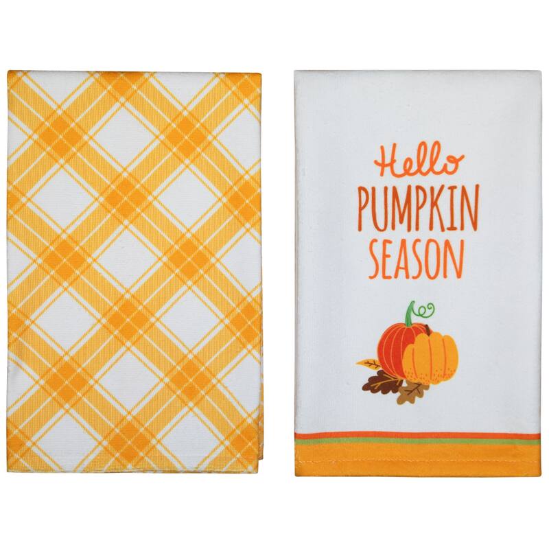 Hello Pumpkin Season and Plaid Fall Harvest Kitchen Tea Towels - 26" - Set of 2