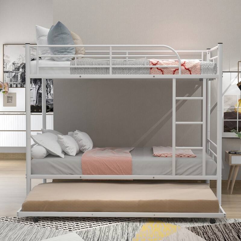 Twin Over Twin Metal Bunk Bed w/Trundle,Can be Divided into two beds ...