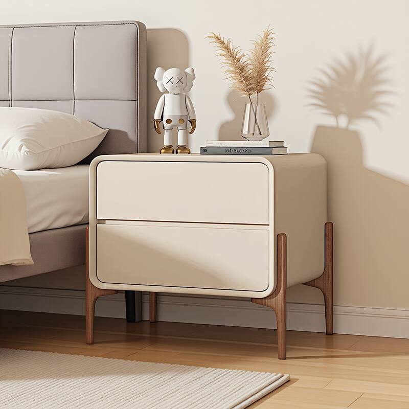 Modern Wooden Double Drawer Bedside Table Nightstand - Cream White