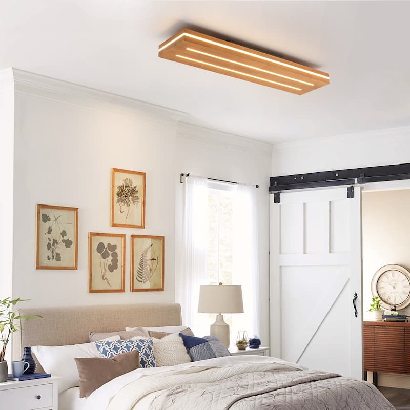 31.5 in. Farmhouse Brown Rectangular Wood LED Flush Mount Ceiling Light - 31.5 in. W x 7.48 in. H x 7.87 in. D