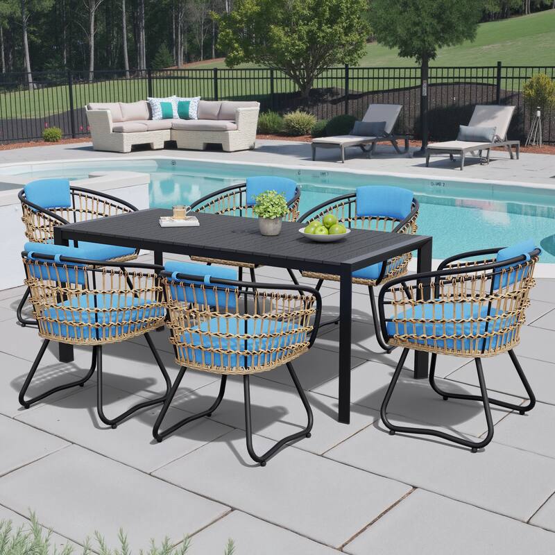Outdoor Patio Dining Set Aluminum Table with Umbrella Hole with Rattan Chairs