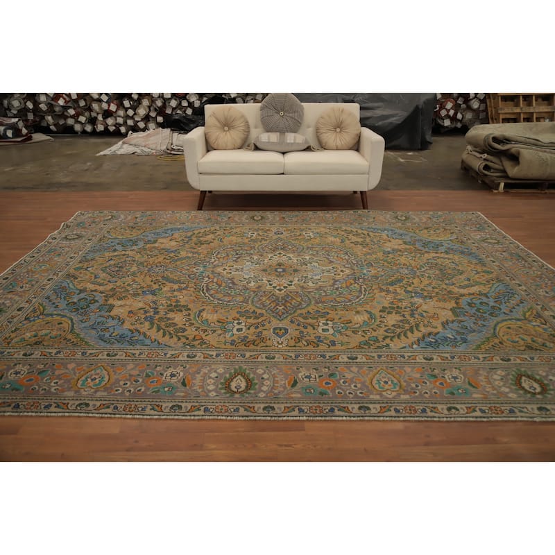 Hand Knotted Oriental 100% Wool Carpet Traditional Floral Brown Tabriz Area Rug - 11' 1'' X 8' 5''