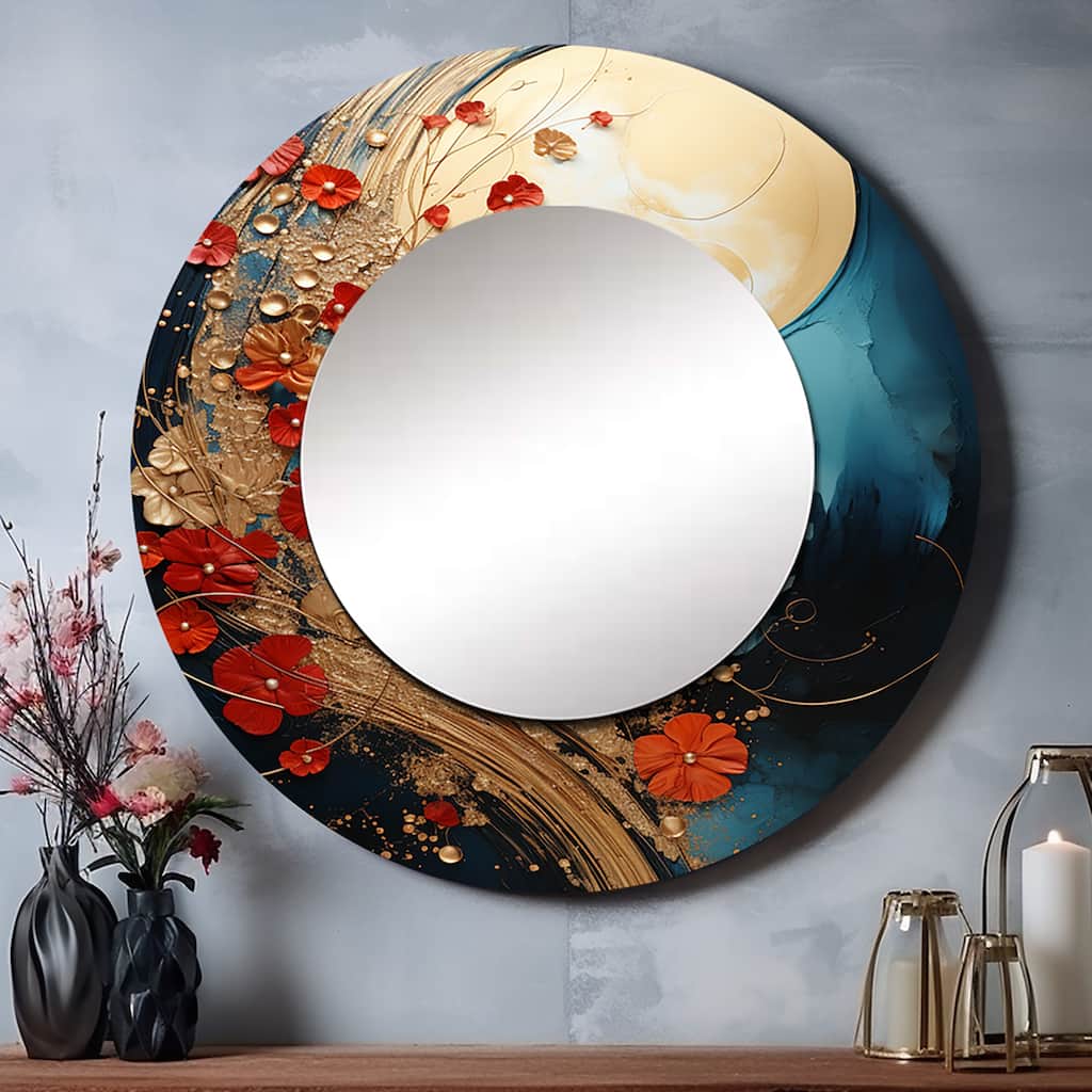 Designart "Gold Red Abstract Fractal Gold And Red" Abstract Living Room Mirror - Gold Modern Round Mirror