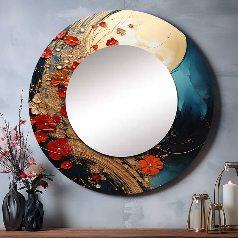 Designart "Gold Red Abstract Fractal Gold And Red" Abstract Living Room Mirror - Gold Modern Round Mirror