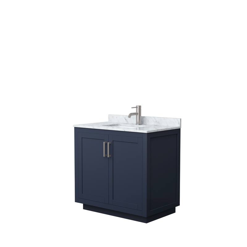 Miranda Single Vanity Set, White Carrara Marble Top, No Mirror - 36-Inch Single - Dark Blue, Nickel Trim, White Carrara Marble Top
