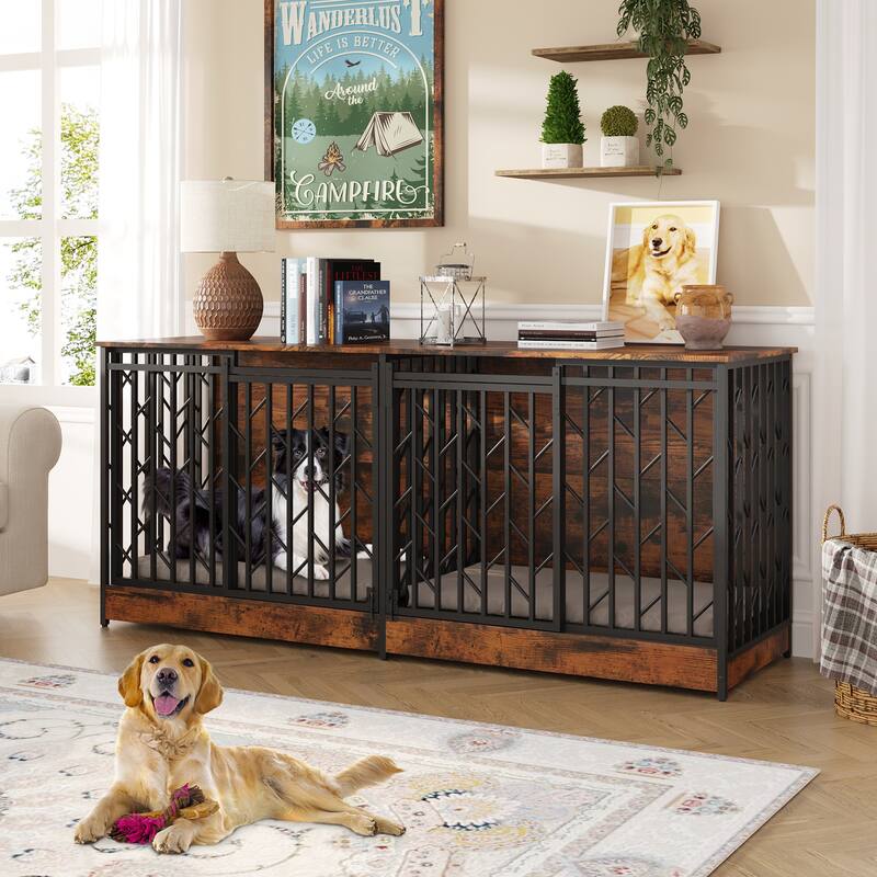Large Double Dog Crate Furniture for Medium and Large Dogs, Rustic Industrial Dog Kennel End Table