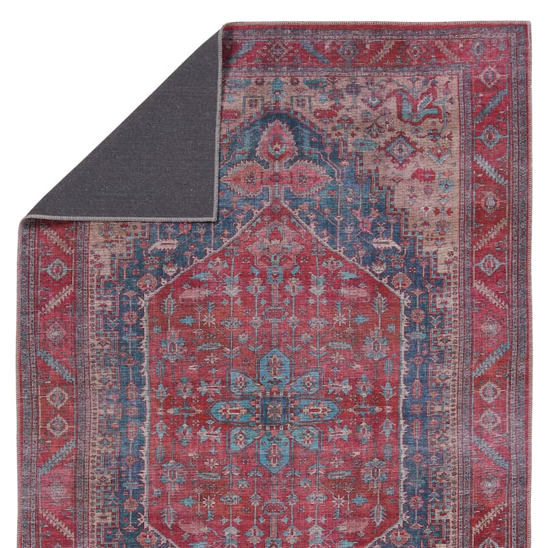 Fairbanks Machine Washable Medallion Red/ Blue Area Rug
