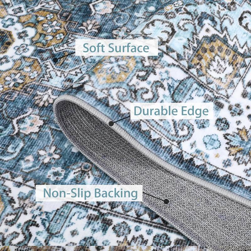 Washable Rug Vintage Medallion Area Rugs for Living Room Bedroom, Non-Skid Low Pile Floral Rug Soft Foldable Rug