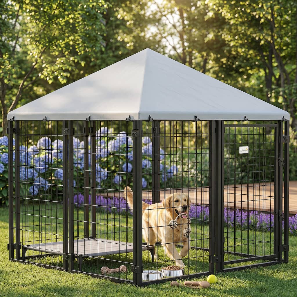 PawHut Outdoor Dog Kennel, Welded Wire Dog Run with Waterproof & UV Cover, 4.7' x 4.7' x 5.1'
