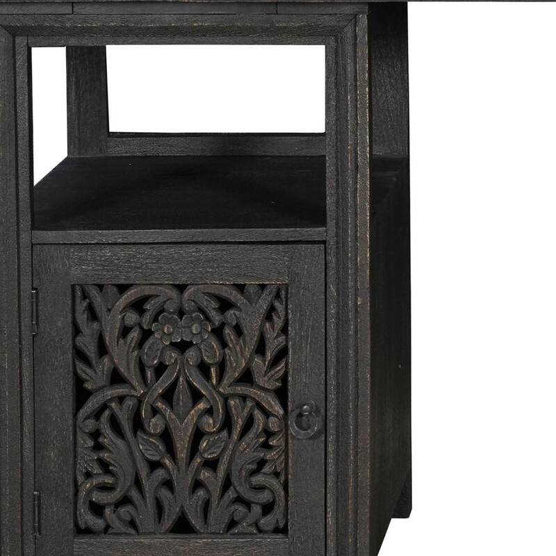 HomeRoots 68" Black Solid Wood and Metal Carved Floral Desk With Three Drawers