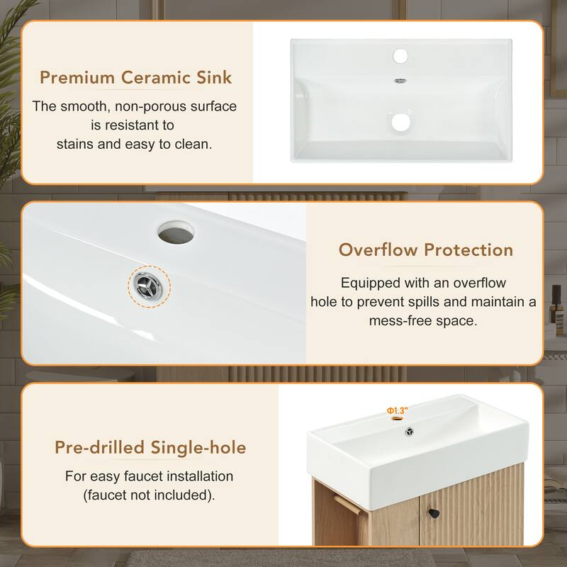 21.6"Bathroom Vanity With Ceramic Sink, Freestanding Modern Right Door Wood Grain Cabinet With Open And Closed Storage