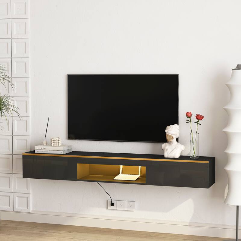 63" Wall Mount TV Bracket with Open Storage, Modern LED Floating TV Cabinet, Wood Entertainment Center for TVs Up to 60"