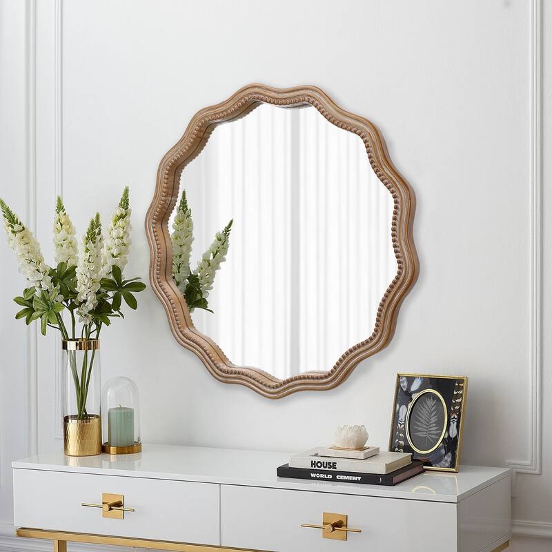 23.62" Wood Round Wavy Wall Scalloped Mirror Modern Farmhouse Decor