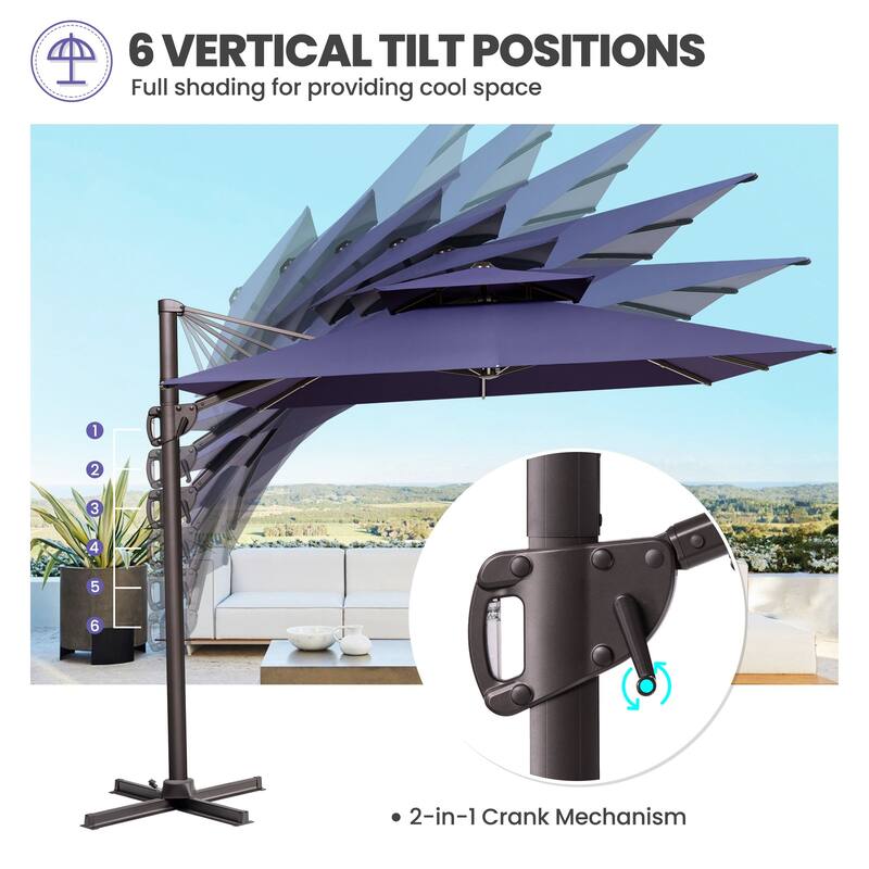 9 x 12 ft Double Top Patio Cantilever Umbrella with Base, 360-degree Rotation