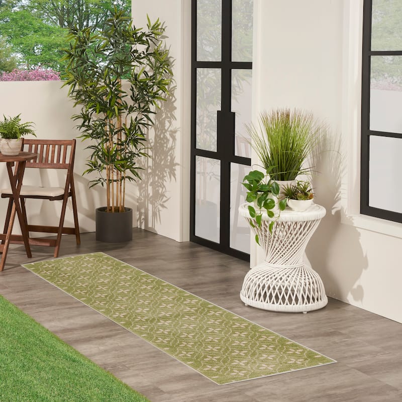 Nourison Sandy Indoor / Outdoor Blue Moroccan Area Rug - 8' Runner - Green/Ivory